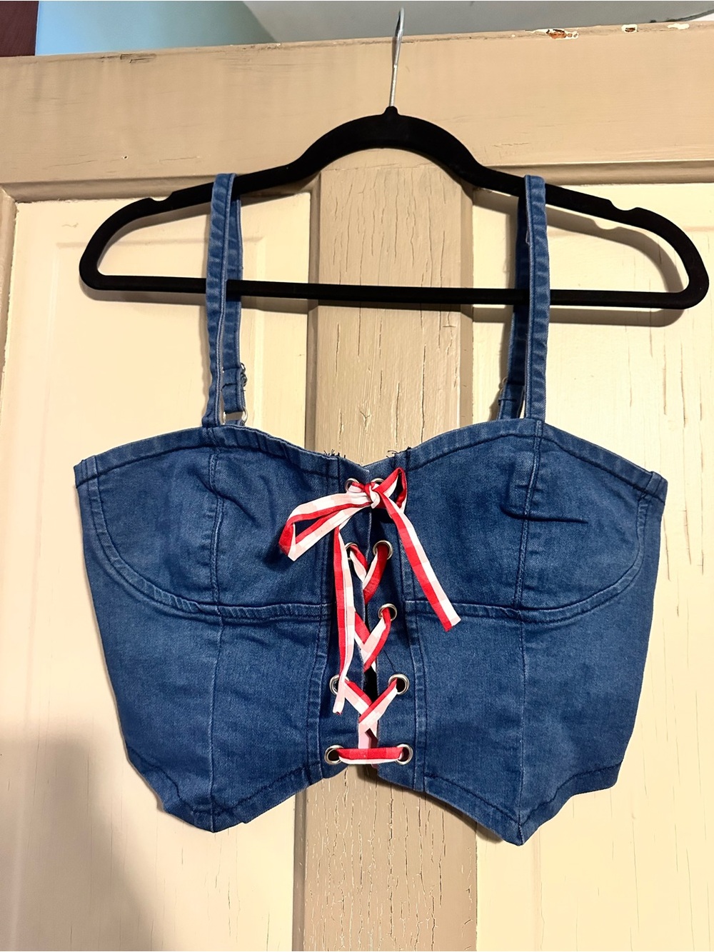 Dolls Kill Blue Denim Lace-Up Bustier Top with Red & White Ribbon